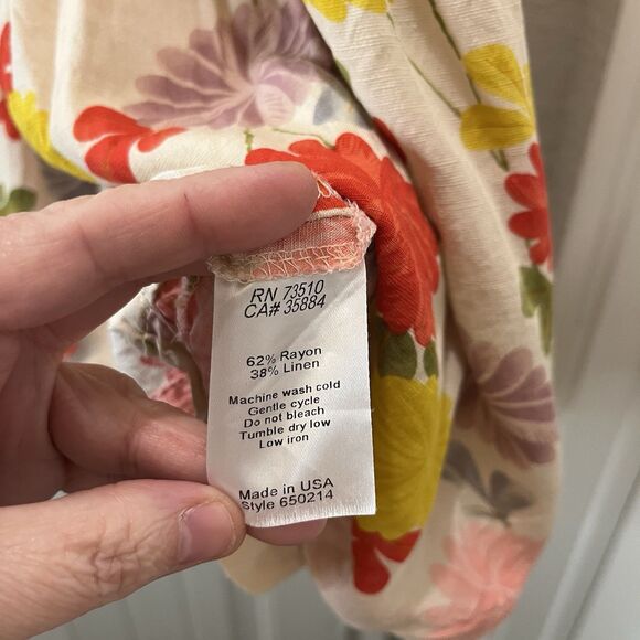 Womens Floral Cream Orange Yellow Ruffle Short Sleeve Top Size XL Linen Blend - Picture 4 of 8